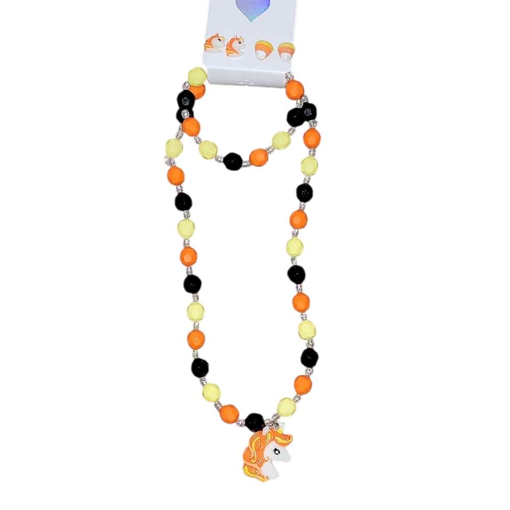 Unicorn Necklace, Braclet, and Earrings with Orange, Yellow, and Black Beads NWT